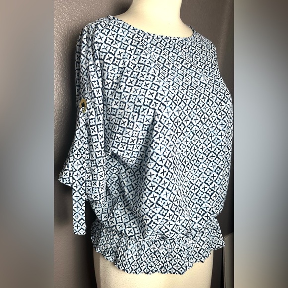 Michael Kors Women’s Top Blouse Blue & White Short Sleeve Size S Ruffle - Picture 5 of 11